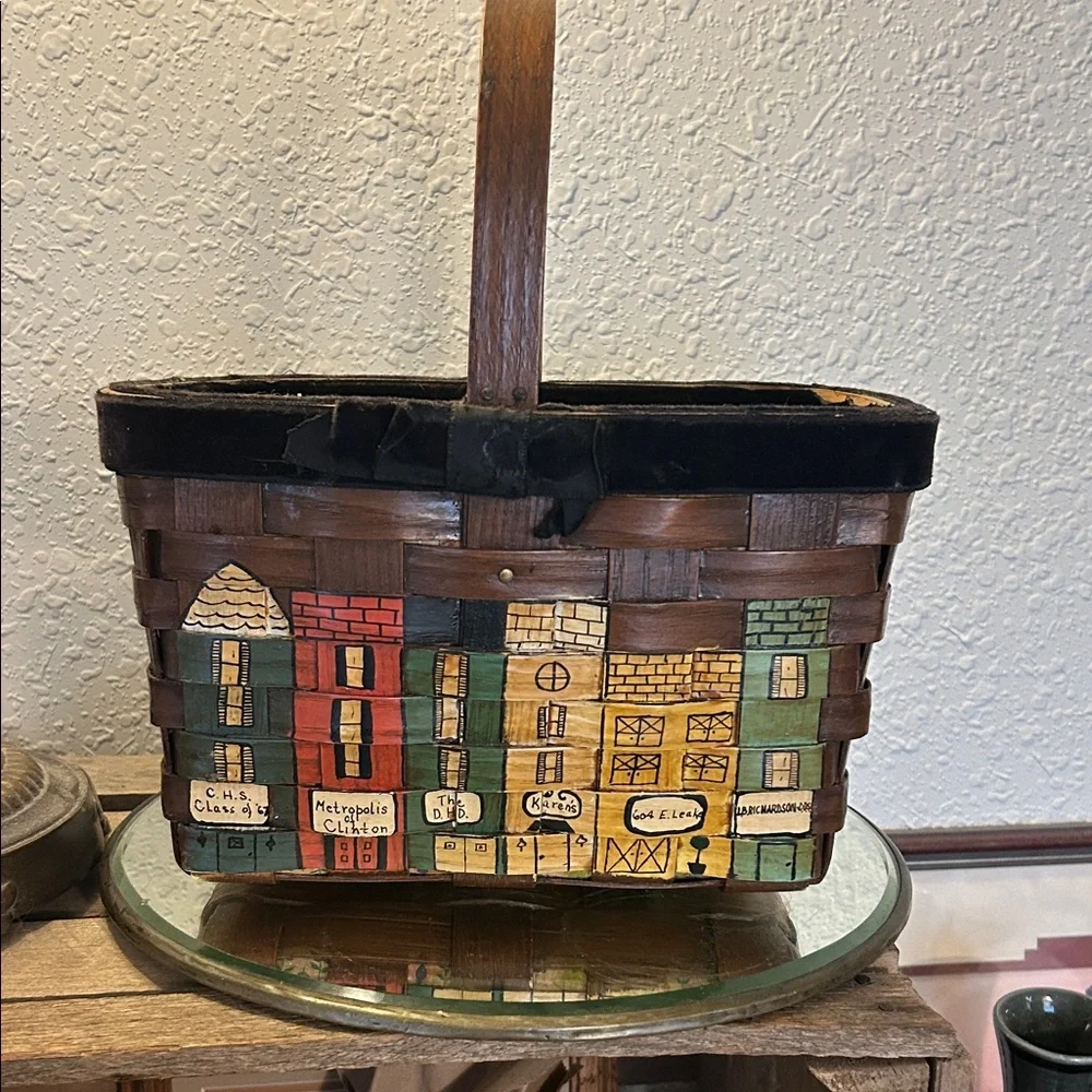 Handcrafted Caro Nan Village Scene Basket repurposed
